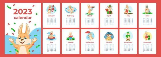 Monthly calendar 2023 template with rabbit. vector