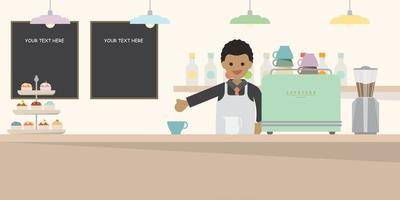 Happy barista behind counter bar in cafe vector illustration. Coffee business flat design.