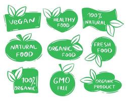 conjunto de etiquetas orgánicas dibujadas a mano. pegatinas productos biológicos saludables