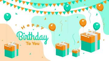 Happy birthday background in cartoon style with balloons, confetti and gift box. suitable for greeting card or social media message vector