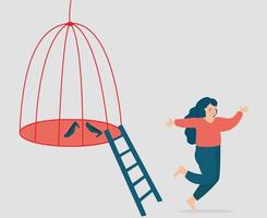 Woman escaping from a cage to find her freedom. Female runs away from a prison. Girl getting out of a tight space. Mental health issues, women's rights, rehabilitation, new opportunities concept. vector