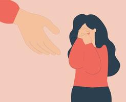 una mano apoya a una mujer para deshacerse del estrés y la depresión. la chica triste necesita ayuda debido al abuso, la intimidación y la violencia. mujer llorando y cubriéndose la cara. concepto de salud mental y rehabilitación. vector