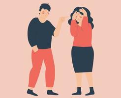 Illustration of couple quarrel, conflict. Angry man blaming, shouting at upset sad woman. Fight, disagreement between two people in bad relationships. Stop domestic violence and bullying against women vector