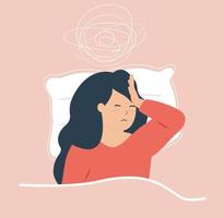 Woman lying on bed and has difficulty to sleep at night due to headache. Person suffers from insomnia, nightmares and negative tangled thoughts. Mental health and sleep disorders. vector