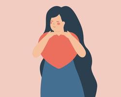 Young woman hugs a big heart with love. Girl with long hair embraces pink heart in her hands. Self care and body positive concept. Illustration of self acceptance, positive mind, inner peace. vector