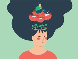 Flowers and plants grow from woman head. Mother watering her daughter's head. Psychology, education, psychotherapy and mental health wellbeing concept. Vector illustration