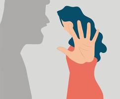 Man's shadow threatening and blaming an abused woman. Female says NO and enough to abuse. Stop domestic violence, and bullying. Woman protests against sexual assault and exploitation concept. vector
