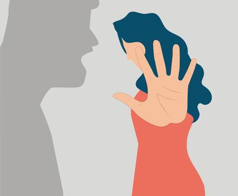 Man's shadow threatening and blaming an abused woman. Female says NO and enough to abuse. Stop domestic violence, and bullying. Woman protests against sexual assault and exploitation concept.