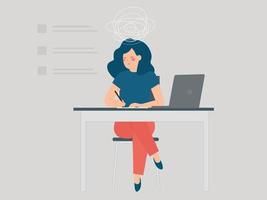 Depressed businesswoman sitting behind her office desk and feels stress, depression. Sad female worker or boss feels overloaded because of unfinished projects. Burnout, labor exploitation concept. vector