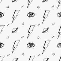 Retro pattern with doodle hand drawn eyes david bowie lightning bolts, 90s vibe vector