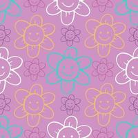 Retro funny flowers hippie pattern, colorful flowers on purple background vector