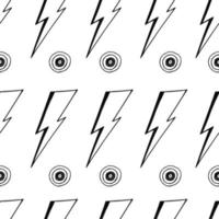 Retro black and white pattern with doodle hand drawn  david bowie lightning bolts and circles, 90s vibe vector