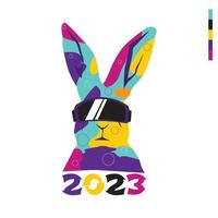multicolor rabbit face vector illustration with 2023 year. suitable to print on tees and any merchandise.