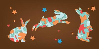 Collection of siting, jumping rabbits vector illustration in modern trendy camouflage  style. suitable for baby images