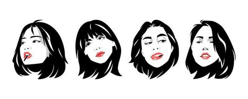 set of beautiful women's faces with short hair. different style, position, hair style, facial gesture. red lips. white background. black and white pop art portrait illustration. vector