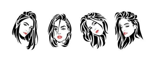 set collection of black and white pop art portraits of beautiful women's faces with different hairstyles, expressions. abstract hair. red lips. white background. vector illustration.