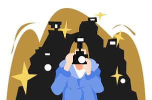 illustration of paparazzi taking pictures with camera. flash. many paparazzi silhouettes. celebrity, actress, actor, profession concept. flat vector