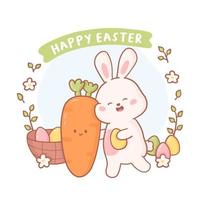 Happy Easter cute card. Vector postcard with rabbit, carrot, basket, eggs and flowers in cartoon style. Holiday design for social media, print and web site