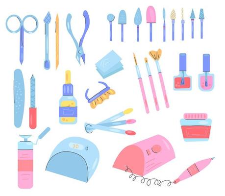 Set of tools for manicure, jars of nail polish, nail files,  milling cutter, trimmings, tongs, nail lamp, color palette for manicure.