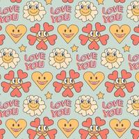 Groovy seamless patterns with funny happy daisy, love, star.  Hippie 60s, 70s style vector