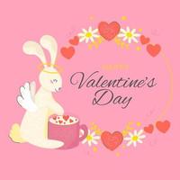 Valentine's Day Greeting Card Rabbit Cupid holds  heart and text in  frame of flowers vector