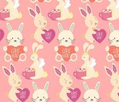 pattern cute different rabbit with heart and cup on isolated background vector