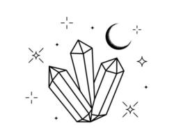 Crystal and stars with mystical moon. Linear astrology symbol. Spirituality gem stone with crescent. Magic or healing mineral. Outline esoteric vector eps illustration