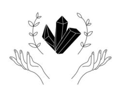 Mystic celestial crystals and plants levitate over woman hand. Line art spirituality gemstones with nature elements. Magic or healing mineral linear symbol. Esoteric tattoo or logo outline sketch. Eps vector