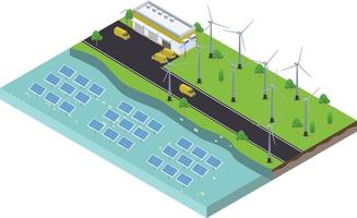 isometric scene of Wind turbines generating electricity and solar farm panels with green manufacturing industry factory vector