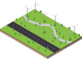 isometric scene of Wind turbines generating electricity and bicycle lane track road