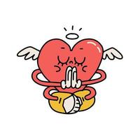 Groovy character red heart sittong in lotus pose. Hippie style retro cartoon vibes. Hand drawn contour color vector illustration.