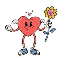 Retro groovy cartoon character Red heart with big flower. groovy 70s mascot for poster, card, print, and itc. Traditional toons vibes. Valentine Day card. Vector contour illustration.
