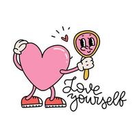 Groovy heart character looks in the mirror with happy face in retro 70s style and typography quote - Love yourself. Vintage isolated sticker with mascot for print. Self love vector illustration.