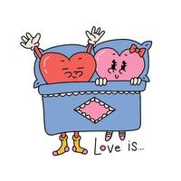 Valentine Retro Cartoon style Isolated print Design. Happy Couple of Heart chatacters Lying On Bed. Vintage Comic Style Vector contour Illustration.