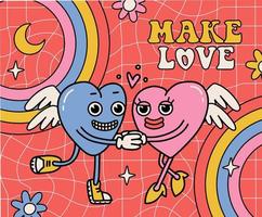 Lover hearts in weird retro cartoon 70s style. Blue and pink hearts couple holding hands. Trendy vintage toons mascots. Comic weird amours with gloved hands. Linear vector illustration. Make love