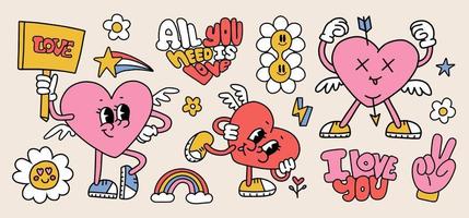 Groovy Valentines day characters set with lettering quotes. Funny heart mascots. Sticker pack in trendy retro cartoon style. Isolated contour vector illustration. Hippie 60s, 70s style. Flower power.