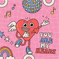 Retro cartoon Comic heart character. Crazy toons abstract mascot listening music and dancing. Line art vector illustration in trendy vintage weird style.
