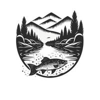 pescar peces en el agua plantilla de diseño de logotipo vintage en blanco y blanco vector