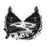 fishing fish in the water blank and white vintage logo design template vector