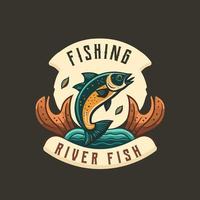 pescar peces en el agua logo icono plantilla diseño vintage vector