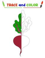 Trace and color the beet. A training sheet for preschool children.Educational tasks for kids. Beetroot  Coloring Book. vector