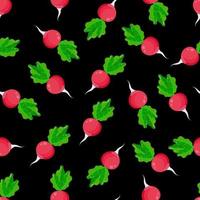 Seamless pattern with radish on a black background. A pattern with vegetables on textiles for the kitchen. vector