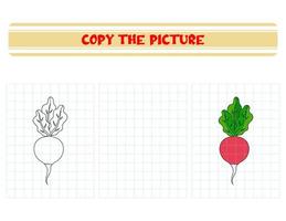 repite la imagen. libro para colorear para niños. la educación de los niños rábano vegetal vector