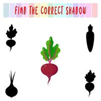 Find the right shadow. Cute beet. Educational game with vegetables. Logic games for children with an answer. A training card with a task for preschool and kindergarten children. vector