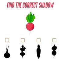 Find the right shadow. Cute radish. Educational game with vegetables. Logic games for children with an answer. A training card with a task for preschool and kindergarten children. vector