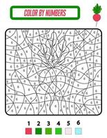 Educational coloring book by numbers for preschool children. Cute cartoon vegetables. Educational coloring book with radish. A training card with a task for preschool and kindergarten children vector