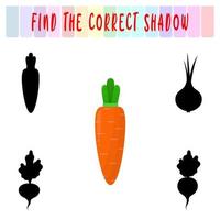 Find the right shadow. Cute carrot. Educational game with vegetables. Logic games for children with an answer. A training card with a task for preschool and kindergarten children. vector
