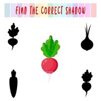 Find the right shadow. Cute radish. Educational game with vegetables. Logic games for children with an answer. A training card with a task for preschool and kindergarten children. vector