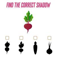 Find the right shadow. Cute beet. Educational game with vegetables. Logic games for children with an answer. A training card with a task for preschool and kindergarten children. vector