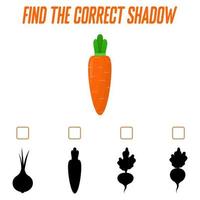 Find the right shadow. Cute carrot. Educational game with vegetables. Logic games for children with an answer. A training card with a task for preschool and kindergarten children. vector